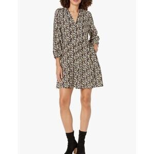 The Drop Women's Caralynmirand Floral Ruffle-Neck Tiered Mini Dress Size L Black